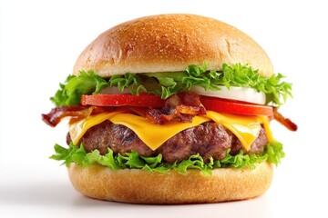 Close-up of a classic cheeseburger.  Freshly made, juicy burger topped with bacon, cheese, lettuce, tomato, and onion on a toasted bun.  Perfectly presented against a plain white background