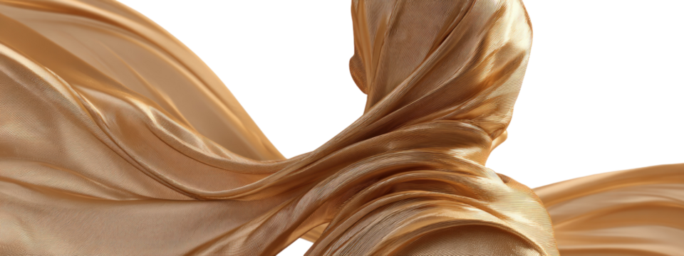 Golden silk fabric drapes in elegant folds against a black backdrop