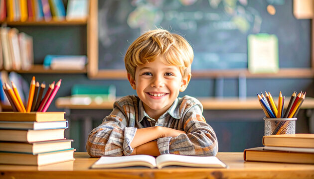 un ni&ntilde;o escolar en un aula de un centro de educaci&oacute;n sentado en un aula apoyado en una mesa con libros y lapiceros el dia de la vuelta al colegio