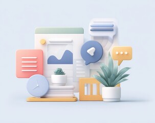 Pastel-toned 3D digital interface elements arranged on a light blue background.  A collection of stylized web page elements, communication icons, data visualizations.