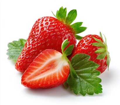 Fresh strawberries with leaves and a slice