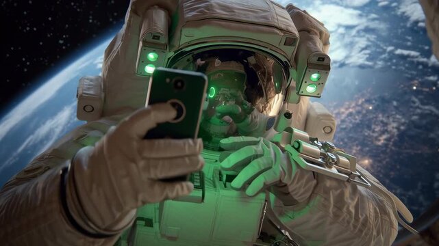 cinematic shot, view through helmet, astronaut using mobile phone during spacewalk, green screen, Earth background, ultra-realistic