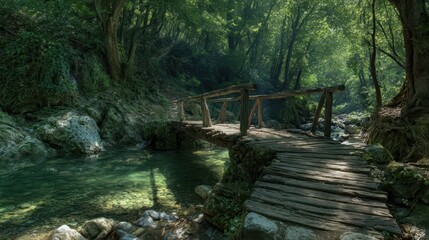 Rustic wooden bridge spanning a crystal-clear stream in a dense forest.