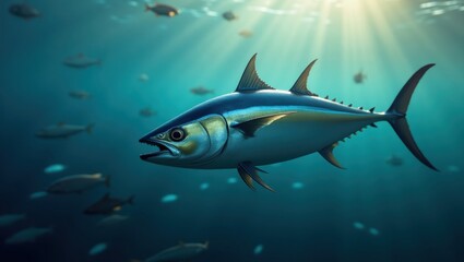 Naklejka premium Tuna fish swimming in deep ocean water.