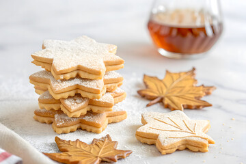 Fototapeta premium Delicious Maple Leaf Cookies with Powdered Sugar and Syrup