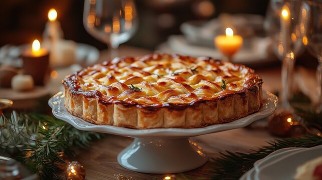 Braham Pie Day. Lattice-topped apple pie on cake stand with candlelit holiday setting - Powered by Adobe