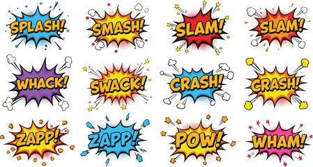 Comic action word burst, SPLASH SMASH SLAM POW ZAPP WHACK CRASH WHAM, colorful explosion illustration set