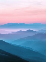 Naklejka premium vertical landscape view over blue and pink mountains in sunrise