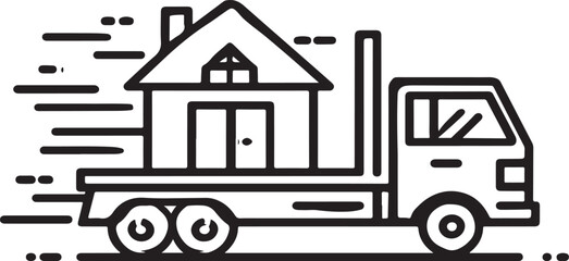 Fototapeta premium Moving Truck Carrying a House Black Line Vector Illustration