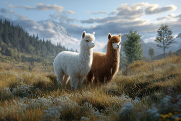 Fototapeta premium alpacas standing side by side. 