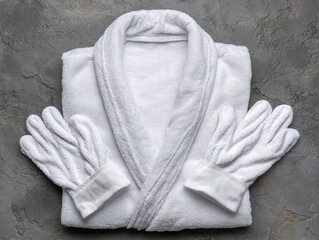 White bathrobe and matching gloves on gray surface
