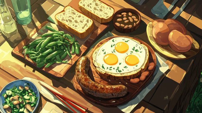 Sun-Drenched Rustic Brunch: An Anime-Style Feast on a Wooden Table