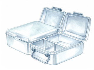 Dynamic Open Aluminum Lunch Box Mockup with Visible Interior Compartments on White Background – Bright and Energetic Scene
