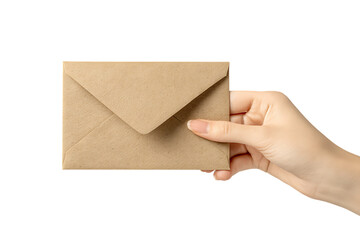 Fototapeta premium Close up of a hand holding a simple kraft paper envelope.