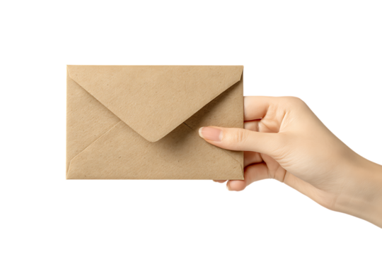 Close up of a hand holding a simple kraft paper envelope.
