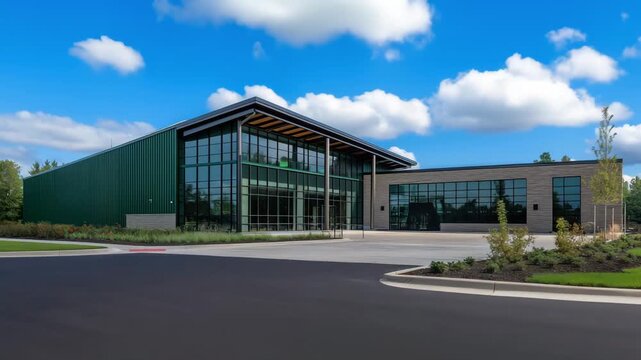 The community center features wide glass walls and elegant architecture, providing a place for recreational activities and gatherings