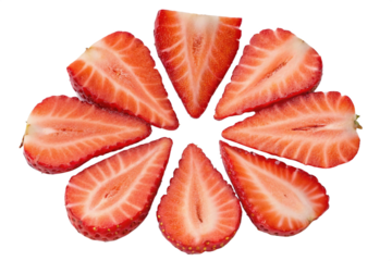 Freshly sliced strawberries arranged in a circular pattern on white background