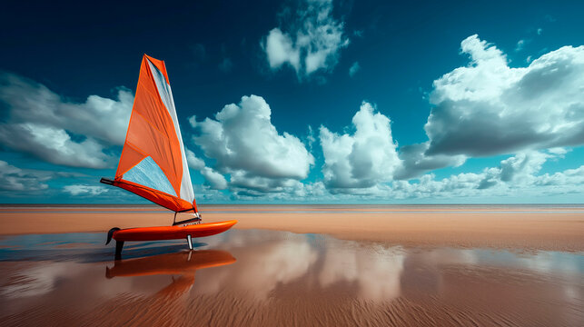 Red sail windsurf board on wet sandy beach with dramatic sky and cloud reflections in calm shallow water