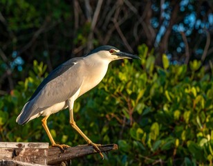 Black-crowned night heron perched on a wooden post