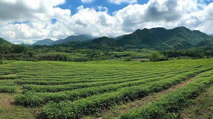 Lush Green Tea Fields with Rolling Hills and Dramatic Sky Over Mountains in a Scenic Landscape
