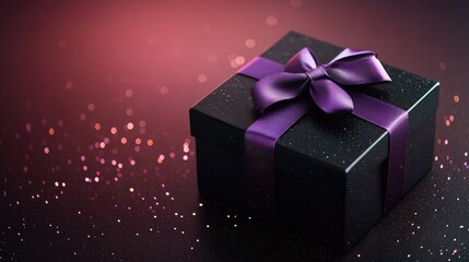 Luxurious Black Glitter Gift Box with a Purple Satin Bow on a Sparkling Background