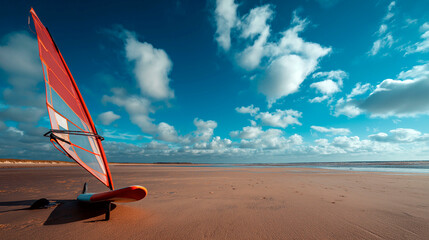 Windsurf board with red sail resting on sandy beach under blue sky with clouds on a sunny day