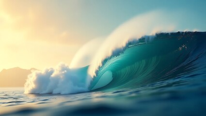 Majestic ocean wave crashing with golden sunlight