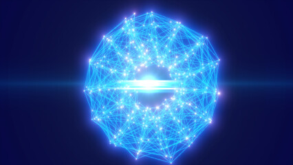 Bright blue spherical energy field with central lens flare, symbolizing futuristic data transmission and digital fusion