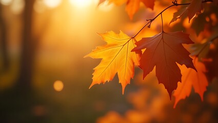 Fototapeta premium Golden autumn maple leaves bathed in warm sunlight
