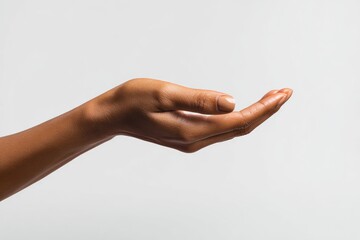Close-up of a dark-skinned hand outstretched, palm facing forward