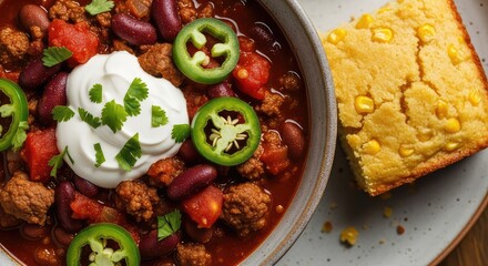 Hearty beef and bean chili, topped with sour cream, cilantro, and jalapeño, served with golden cornbread, creating a comforting and delicious meal.