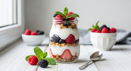 A refreshing and healthy yogurt parfait, beautifully layered with fresh mixed berries, crunchy granola, and creamy yogurt, presented in a glass jar.