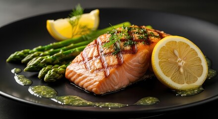 Perfectly grilled salmon, served with fresh asparagus and a vibrant lemon slice on a sleek black plate, highlighting a healthy and delicious meal.