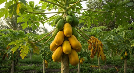 Papaya tree with ripe fruit under the sun, tropical agriculture setting