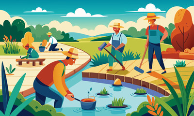 Download Labor Work On The Pond, Vector Illustration . This Icon Concept Isolated Premium Vector. Flat Cartoon Style Svg File For Design.