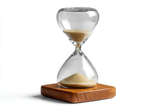 Glass hourglass with sand on a wooden base isolated on white background