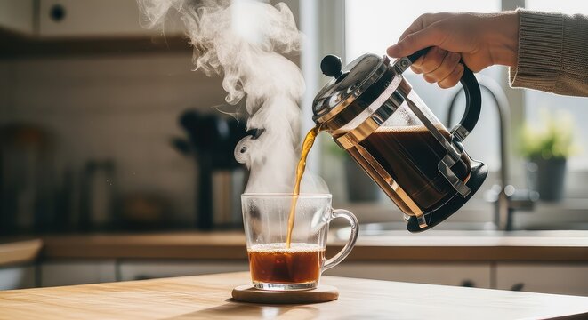 A person's hand carefully pours steaming hot coffee from a classic French press into a clear glass mug on a wooden kitchen counter, creating a cozy morning scene. - Powered by Adobe