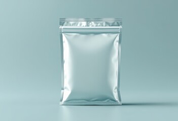 Blank metallic food pouch on a light blue background.