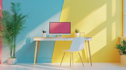 Sun-Drenched Creative Workspace with a Bold Blue and Yellow Geometric Wall