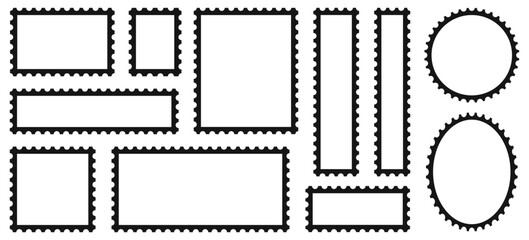 Postage stamp frame templates. Collection of different postage stamp borders in rectangular, square, circular and oval shapes