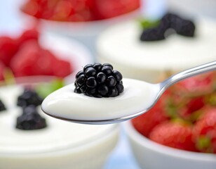 Spoon picking delicious yogurt with fresh blackberries and mint