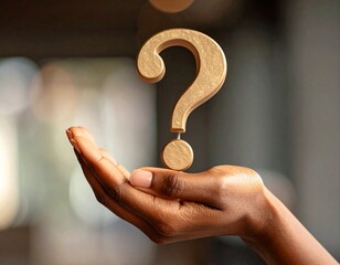 Hand holding golden question mark: asking questions and finding solutions