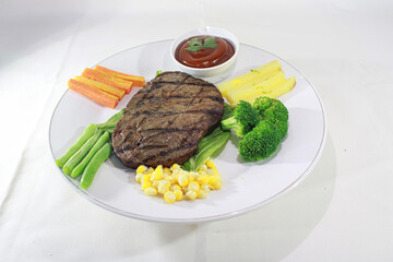 Grilled Beef Steak with Boiled Vegetables and Sauce