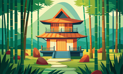 Download Japanese House In A Bamboo Forest, Vector . This Icon Concept Isolated Premium Vector. Flat Cartoon Style Svg File For Design.