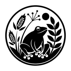 Download A Frog & Plants Logo, Circle Silhouette Vector  . This Icon Concept Isolated Premium Vector. Flat Cartoon Style Svg File For Design.