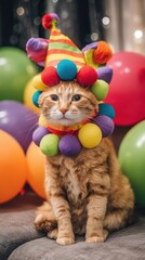 Ginger cat wearing a colorful clown costume amidst party balloons.