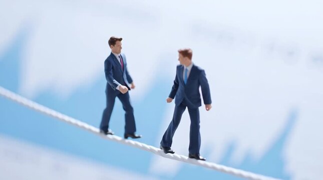 Two miniature businessmen in suit carefully walking tightrope balancing risk and focus symbolizing careful balance in challenging business environment
