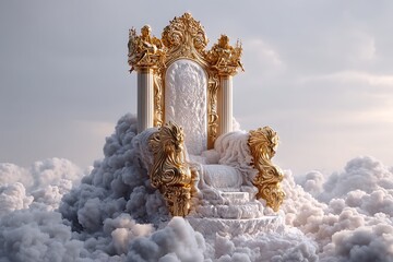 The majestic golden throne of God in heaven, surrounded by white clouds and divine light, signaling the second coming of Jesus Christ.