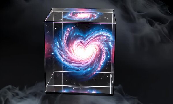 A Universe of Love: Crystal Cube Encapsulating a Luminous, Swirling Heart-Shaped Galaxy
