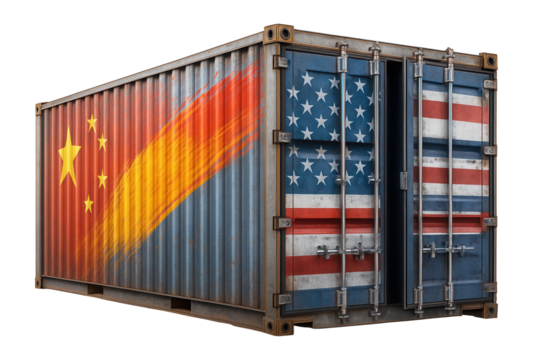 A shipping container painted with the flags of China and the United States, symbolizing international trade relations on transparent background.